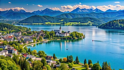 Scenic view of Velden at the W?rthersee with mountains in the background, Austria, K?rnten, Velden