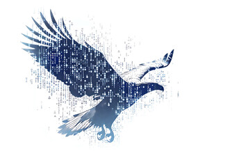 Eagle made from binary code on a white background in a wireframe plexus style, symbolizing the blend of technology and nature in a striking digital art form
