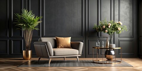 Luxurious modern living room with armchair, table, flower, and plant against a black wall background, modern, living room