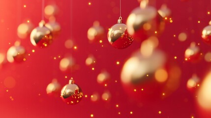 Fototapeta premium Christmas gold baubles on red background with falling glitter. Christmas and New Year festive concept. Template for greeting card, invitation, banner with copy space.