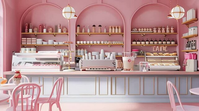 Pink retro diner interior with pink chairs and tables