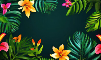A summer frame with a copy space image is surrounded by a tropic vibrant background bouquet of jungle leaves forming an artistic and creative design
