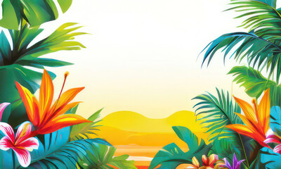 A summer frame with a copy space image is surrounded by a tropic vibrant background bouquet of jungle leaves forming an artistic and creative design