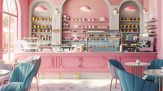 Pink retro diner interior with pink chairs and tables