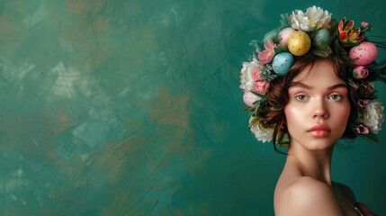 A woman wearing a wreath of flowers on her head, suitable for cultural or traditional events