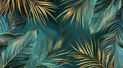 Abstract Luxury Art Background Featuring Tropical Palm Leaves in Blue and Green with Elegant Golden Art Lines &ndash; Botanical Banner for Wallpaper, Decor, and Print