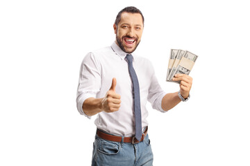 Businessman holding money and gesturing thumbs up