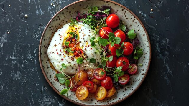 Delicious and colorful salad with fresh cherry tomatoes creamy burrata cheese served on a plate