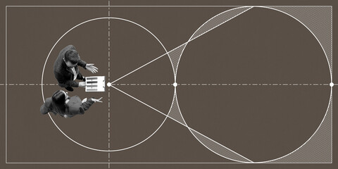 Business people engaged in discussion over documents inside intersecting circles with analytical...