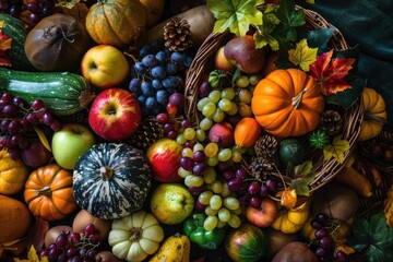 A vibrant assortment of fresh autumn fruits and vegetables, including pumpkins, apples, grapes, and squash, arranged in a festive display.