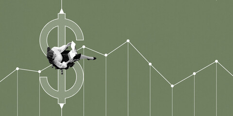 Businesswoman examines documents over large dollar sign and fluctuating line graph. Financial...