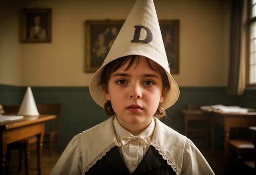 AI generated illustration of a young child wearing a dunce cap in a vintage classroom