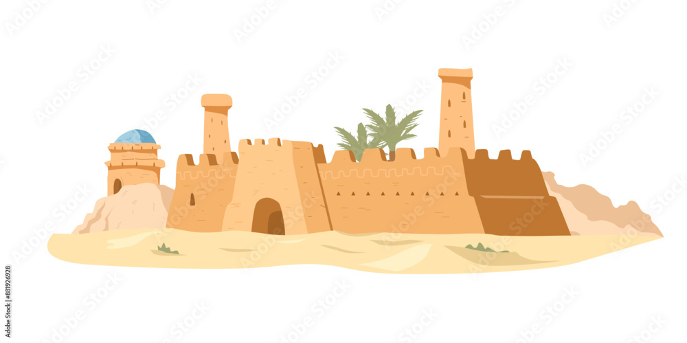 Wall mural mudbrick ancient castle in the desert flat vector illustration isolated on white.