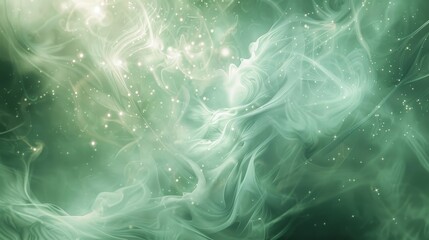 Abstract background featuring flowing liquid patterns in calm green and silver shades glowing points starry highlights blurred shapes and hidden cross elements