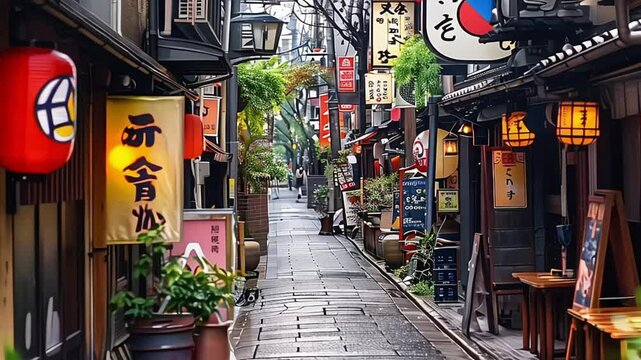 Colorful urban quiet street in Japan with various shop business street sign banner in the city