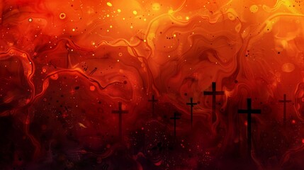 Lava-like patterns in red and orange glowing points blurred cross silhouettes and a gradient from dark to light
