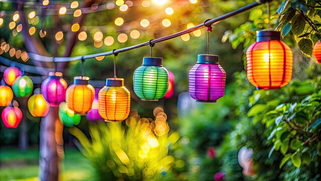 Lichterkette mit bunten Lampions als Dekoration f?r Gartenparty, Lichterkette, bunt, Lampions