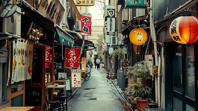 Colorful urban quiet street in Japan with various shop business street sign banner in the city