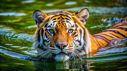 Fototapeta premium Tiger swimming gracefully in the water, wildlife, predator, endangered species, powerful, majestic, feline, carnivore, hunter