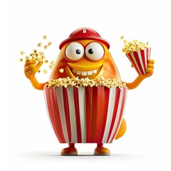 A cute cartoon character eating popcorn on a white background