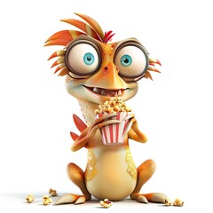 A cute cartoon character eating popcorn on a white background