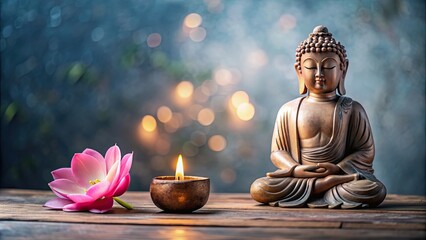 Statue of Buddha with candle and pink flower on table , meditation, peaceful, spiritual, zen, religion