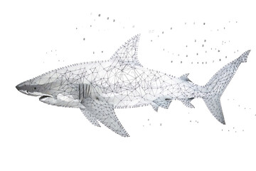 Shark made from binary code on a white background in a wireframe plexus style, combining elements of technology and marine life art