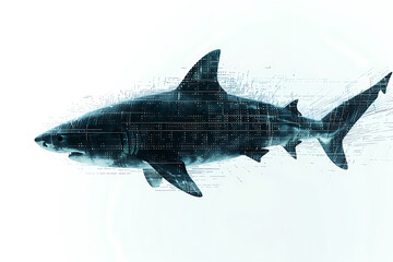 Obraz premium Shark made from binary code on a white background in a wireframe plexus style, combining elements of technology and marine life art