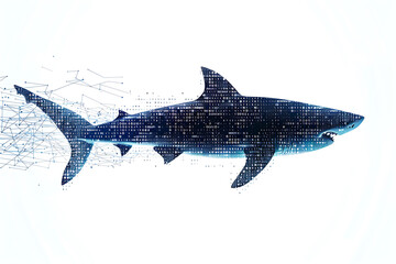 Shark made from binary code on a white background in a wireframe plexus style, combining elements of technology and marine life art.