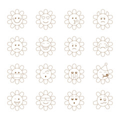 Set of cute emoji icons in the form of daisies, different emotions. Vector illustration for scrapbook design, postcards, flyers, stickers, posters.