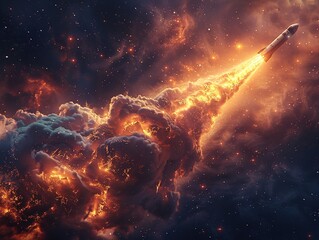Epic scene of a rocket liftoff, embodying the spirit of space exploration and discovery
