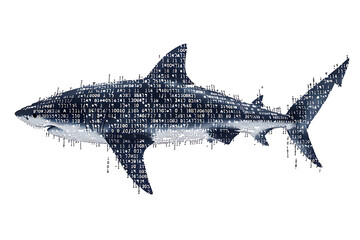 Shark made from binary code on a white background in a wireframe plexus style, combining elements of technology and marine life art.