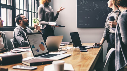 Corporate Team Discussing Digital Marketing Strategies in a Vibrant Office Space with Creative Energy