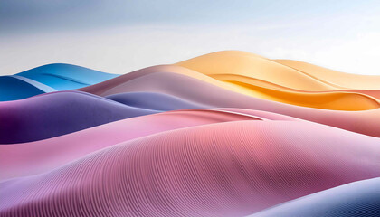 Vast desert landscape bathed in orange hues of sunrise or sunset, with sand dunes rippling across the arid land