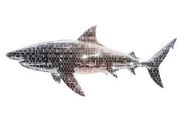 Fototapeta premium Shark made from binary code on a white background in a wireframe plexus style, combining elements of technology and marine life art.