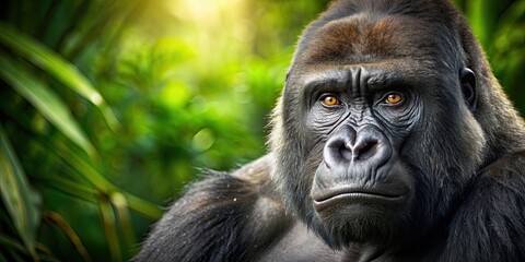 Powerful gorilla in the jungle staring with intense eyes, gorilla, jungle, wild, animal, nature, powerful, intense, eyes