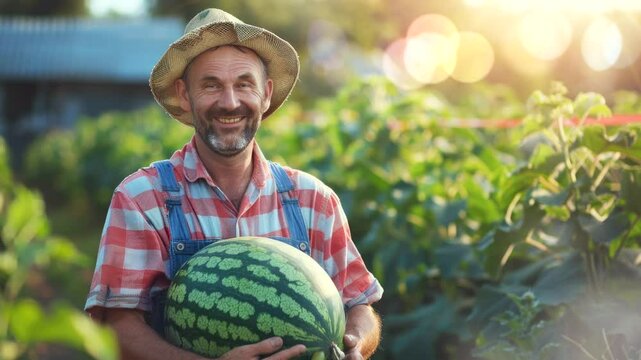 a farmer hold watermelon at harvest time video animation background Seamless looping time-lapse 4k quality
