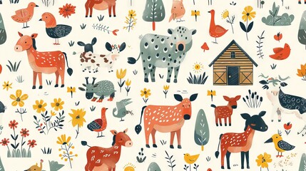 This is a cute and colorful illustration of a farm with a variety of animals