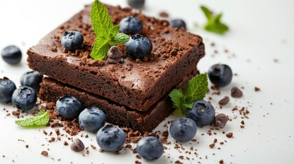 Delicious chocolate brownies decorated with blueberries and mint leaves. Soft, moist cake on a white background. Closeup view