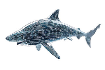 Fototapeta premium Shark made from binary code on a white background in a wireframe plexus style, blending technology and marine life artfully