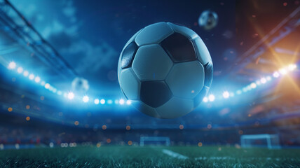 Naklejka premium a soccer ball flying in the air on a soccer field stadium