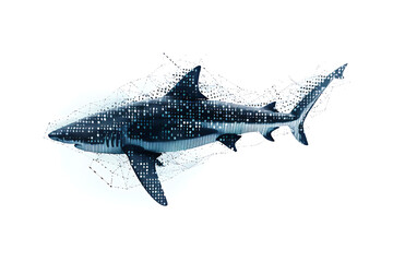 Shark made from binary code on a white background in a wireframe plexus style, blending technology and marine life artfully