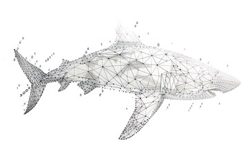 Shark made from binary code on a white background in a wireframe plexus style, blending technology and marine life artfully