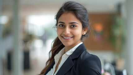 Obraz premium Beautiful smiling young business woman in a modern office