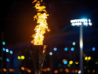 Illuminated torch with vibrant flames at night in an outdoor setting, symbolizing event, celebration or ceremony.