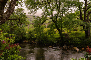 Glenfinnan viaduct. Jacobite steam train. Scotland, United Kingdom. West Scottish Highlands.