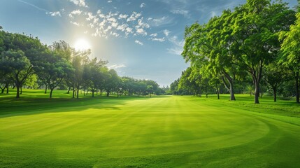 Obraz premium Golf course fairway with lush green grass and tree-lined borders on a sunny day