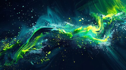 Bold abstract wallpaper with dynamic splashes in electric blue and vibrant green sparkling particles flowing streaks