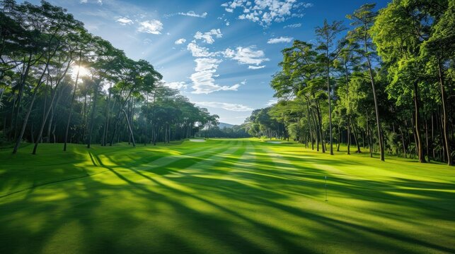 Golf course fairway with manicured green grass and tall trees under a sunny sky