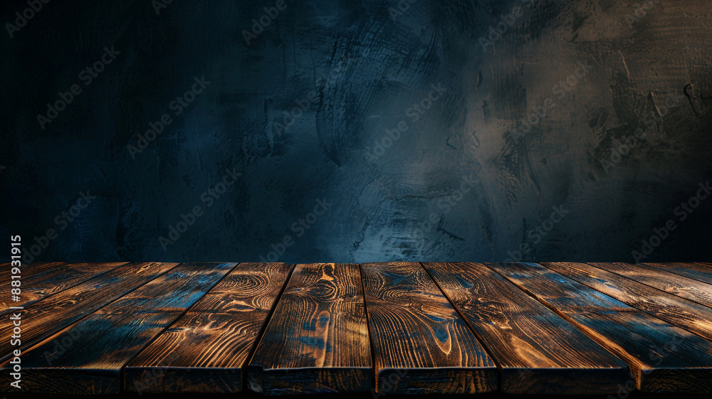 Wall mural empty wooden table top with dark background for product display